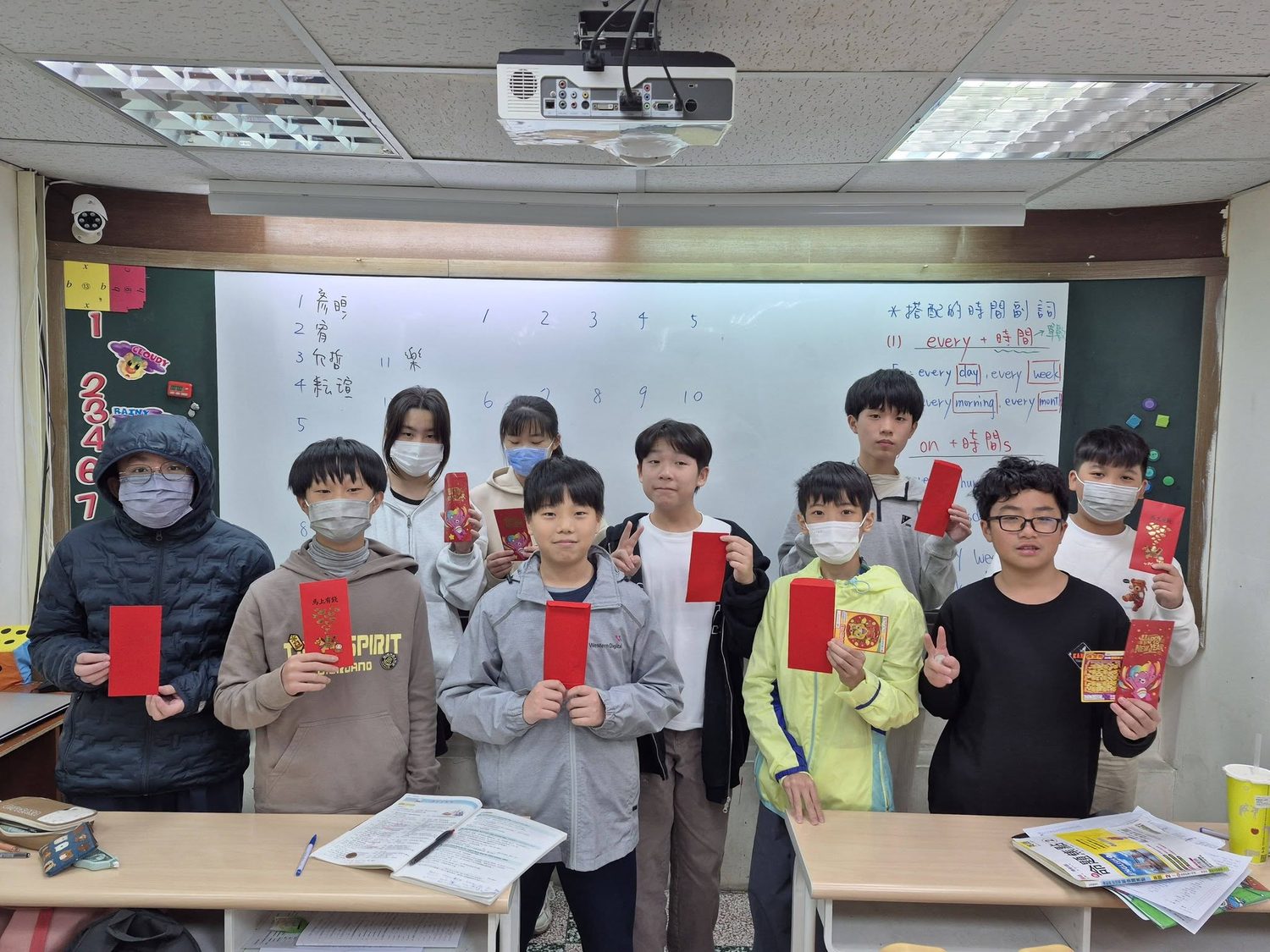 學生抽紅包迎新春合影